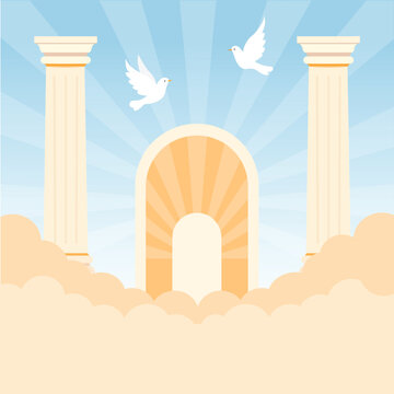 Heaven Gate with White Doves and Clouds Flat Background