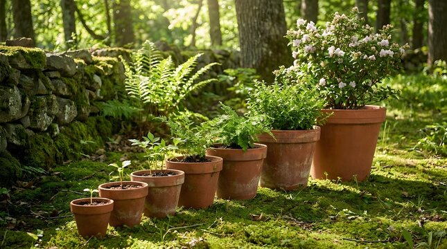 A row of terracotta pots containing plants of various sizes displayed in a sequence ranging from small to large specimens