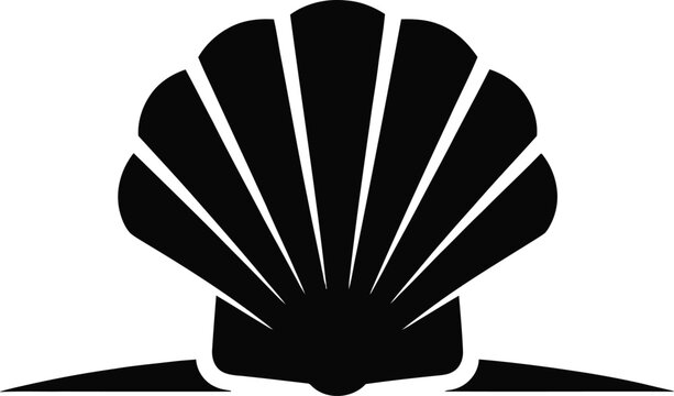 Stylized black silhouette of a seashell or scallop shell featuring radiating ridges and a curved base, isolated on a white background, representing marine life, beach, or nature themes
