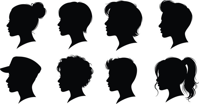 Human head profile silhouettes set featuring diverse hairstyles and side view portraits representing identity character and avatar icons isolated on white background