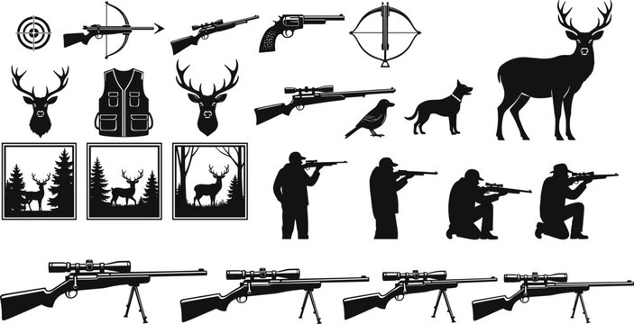 Hunting and shooting silhouettes set featuring rifles crossbow deer wildlife targets and hunters in action isolated on white background