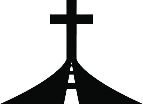 A black silhouette of a christian cross standing at the end of a converging road that leads into the distance, creating a sense of perspective on a solid white background