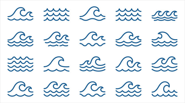Ocean Waves Line Art Icons Collection for Water and Sea Design Projects