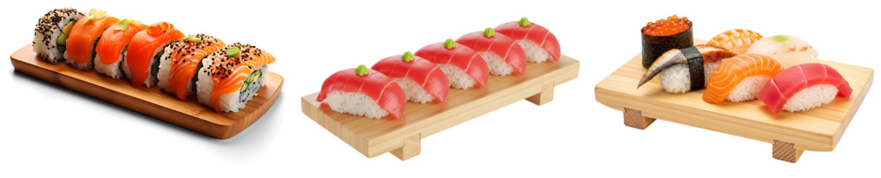 Assortment of fresh Japanese sushi and sashimi, including maki rolls, tuna nigiri, salmon nigiri, eel nigiri, shrimp nigiri, and salmon roe gunkan maki, served on wooden boards.
