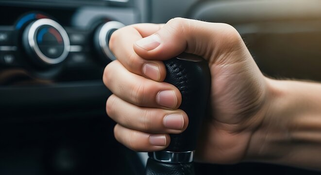 Close-up of a hand shifting gears in a modern car interior