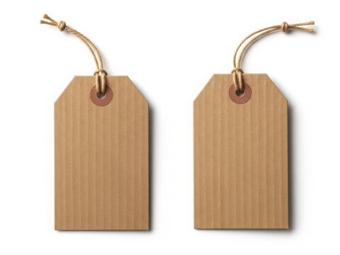 Two blank brown paper tags with string attached on a white background