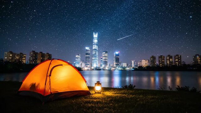 Illuminated orange tent and glowing lantern by a lake against a city skyline under a starry night sky
