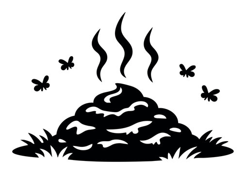 Foul smelling poop pile with vapor rising, surrounded by flies. Black and white cartoon silhouette representing dirt and bad hygiene