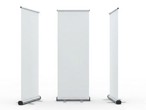 Three blank white pop up display stands in a row against a white background
