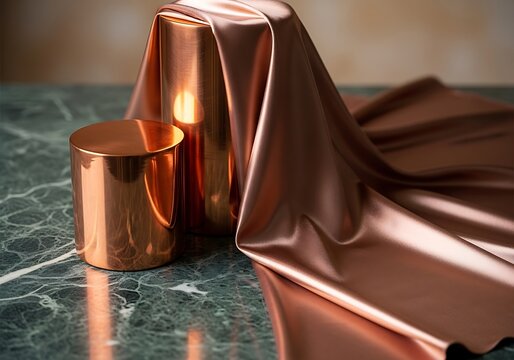 Shiny copper cup with purple silk fabric on a dark marble table