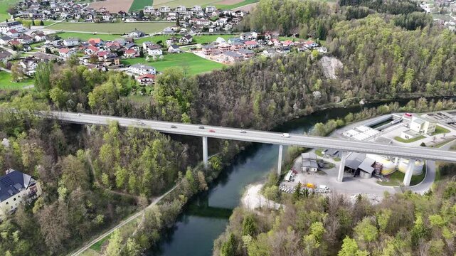Aerial View of Road Bridge Over Traun River in Upper Austria