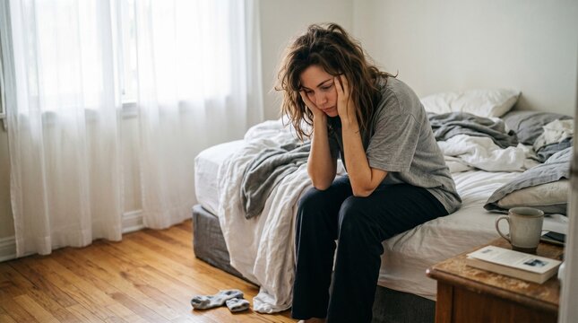A person sits despondently on the edge of the bed