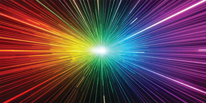 An abstract rainbow background features a bright star burst explosion of colorful rays and glowing laser beams in a shiny fractal pattern illustration