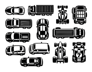 Fototapeta premium Top view silhouettes of a variety of cars, trucks, and race cars, portraying transportation and racing themes