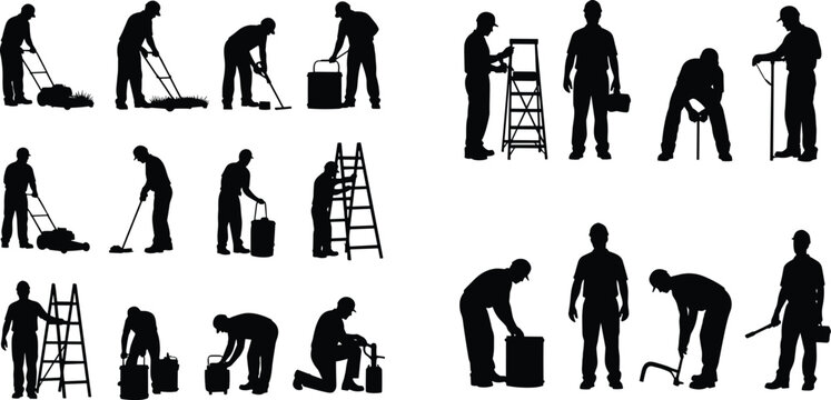 Collection of worker silhouettes performing maintenance, cleaning, and repair tasks with tools, ladder, equipment in various professional activity poses