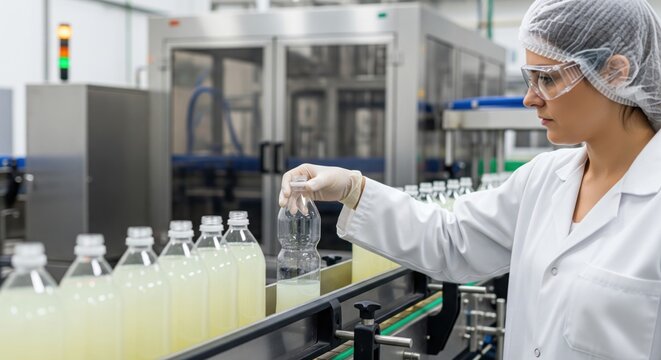 Food manufacturing quality control on beverage line shows bottle fill inspection, cap verification, defect removal and reliable packaging workflow in factory setting.