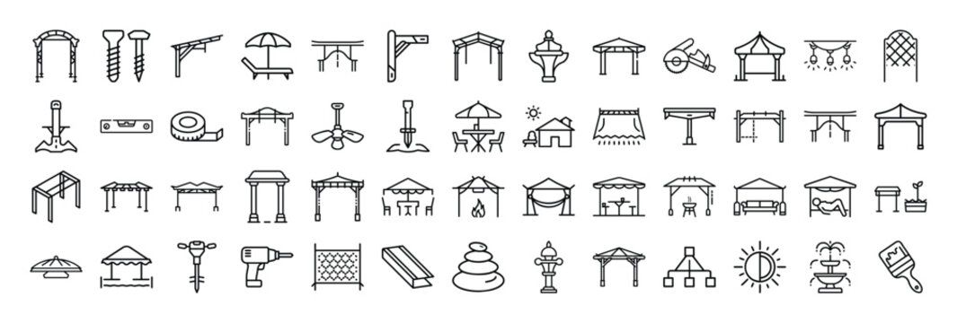 Minimalist pergola and gazebo line icons, 52 outdoor structure vector elements, garden architecture and patio landscaping symbols for backyard design