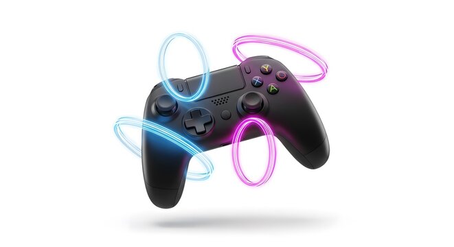 Black video game controller with colorful neon light trails on white background