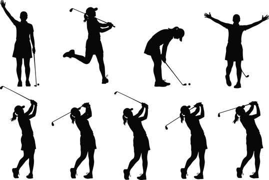 Golf player silhouette set with swinging, putting, and celebrating poses, dynamic sport illustration showing motion, skill, and professional athletic performance