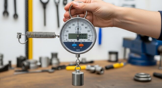 Hand holding a digital force scale measuring weight