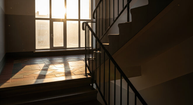 Staircase with metal railing leading to sunlit hallway in abandoned building