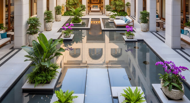 Modern luxury courtyard with reflecting pool, tropical plants and elegant outdoor seating area