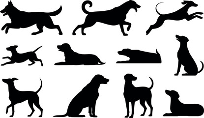 Collection of diverse dog silhouettes in various poses and breeds isolated on transparent background © md manik hossain