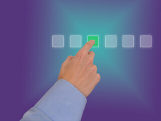 Obraz premium Hand touch green square on business interface for digital choice control and selection