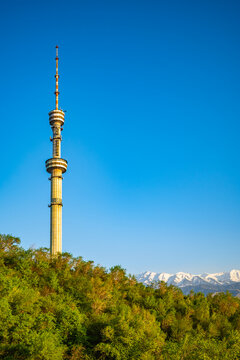 Kok Tobe TV tower landmark against clear blue sky with snow capped Tian Shan mountains in Almaty Kazakhstan
