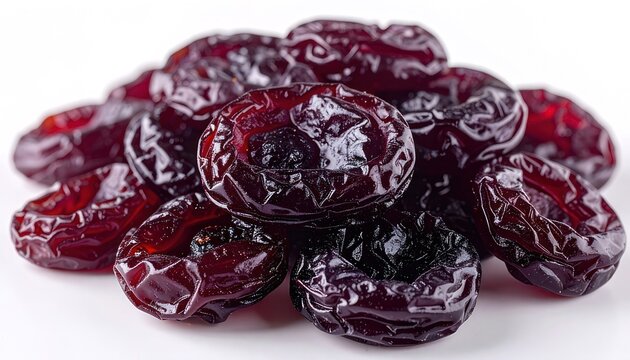 A close-up shot showcases a pile of vibrant, dried jujube fruits against a clean white background, highlighting their rich color and textured surface.