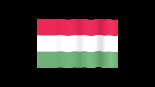 A majestic Hungarian national flag in authentic natural colors, gracefully billowing in a seamless 2D motion loop. Isolated on a clean transparent alpha channel for versatile design.
