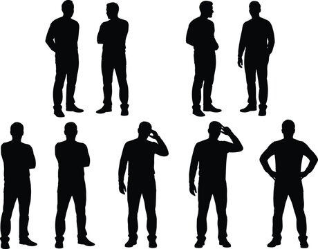 Male silhouettes collection showing standing men in casual poses including talking, thinking and confident stances, lifestyle concept isolated on white background