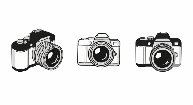 Illustrated cameras against plain background in detailed line drawings showcasing designs