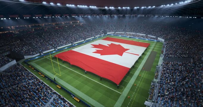 Professional Stadium With American Football Game Championship With Flag of Canada Spread Across the Pitch Before Football Match Start. Cheering Crowds of Fans Surround the Field. Static Wide Shot.