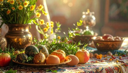 Fototapeta premium A still life composition showcases a bountiful harvest of fruits and flowers bathed in warm, golden light, evoking a sense of abundance and rustic charm.