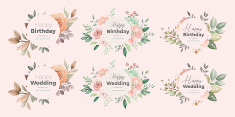 Birthday and wedding floral wreath badges © MdAzizul