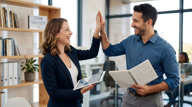 Two happy colleagues celebrating success with a high five in a modern office environment, looking pleased