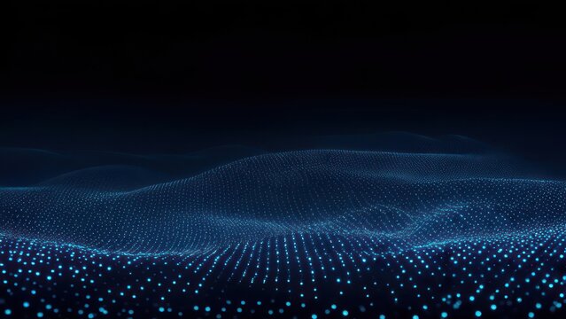 Abstract, blue digital landscape with undulating surface and dark background