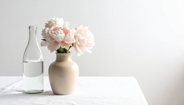 Minimalist vase with soft pink peonies, symbolizing elegance and calm balance.