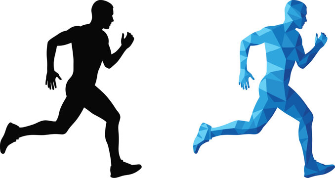Running man silhouette and low polygon athlete illustration set, dynamic sprint motion concept for fitness, sport and modern design isolated