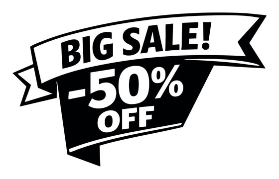 Black and white graphic banner with big sale -50 off message, advertising a discount and special limited time offer
