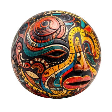 A vibrant, elaborately carved spherical mask with intricate patterns and a human-like face.