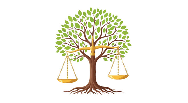 Symbolic image of a tree with balanced scales hanging from its branches representing justice and fairness in nature