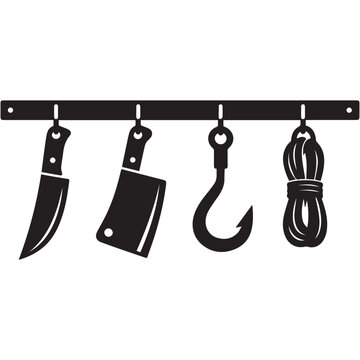 Black silhouette illustration of butcher tools hanging from hooks, including knife, cleaver, meat hook, and coiled rope.