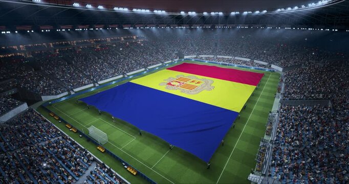 Professional Stadium Soccer Game Championship With Flag of Andorra Spread Across the Pitch Before Football Match Start. Cheering Crowds of Fans Surround the Field. Aerial Elevated Static Wide Shot.