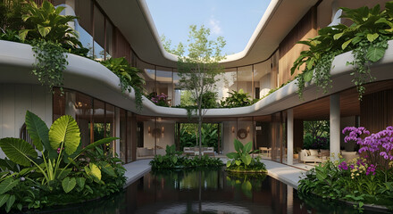 Fototapeta premium Modern courtyard house with lush greenery and a tranquil water feature