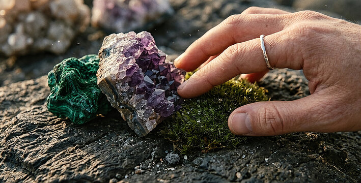 Hyper-realistic close-up of a hand with a textured ring touching an amethyst cluster and green moss on rough volcanic rock
