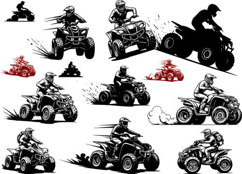 Set of ATV quad bike rider silhouettes. Dynamic black and white vector illustrations of extreme off-road motorsport isolated on white background