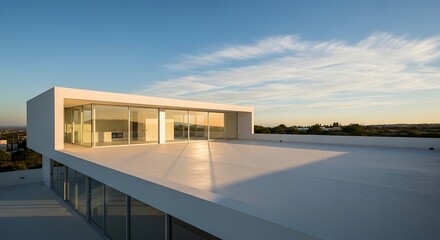 Fototapeta premium Modern Minimalist White House with Glass Walls and Large Terrace at Sunset