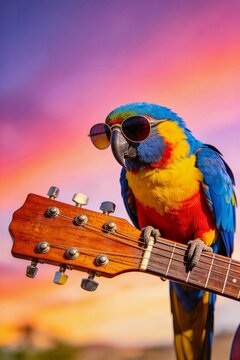 Bunter Papagei mit Sonnenbrille auf Gitarre 